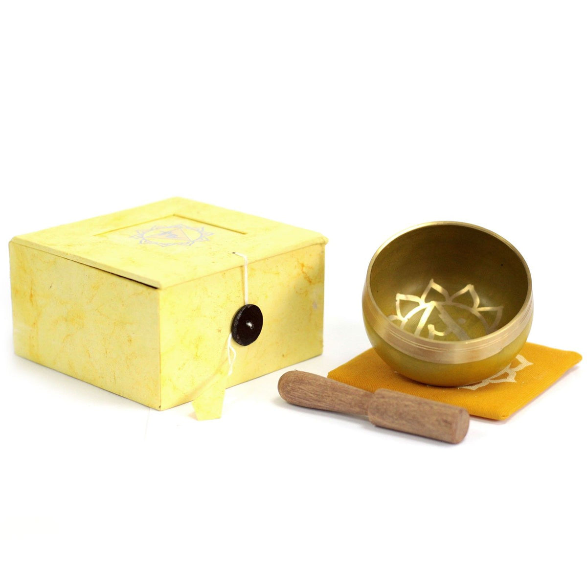 Chakra Singing Bowl, Solar Plexus with yellow box, gold bowl, yellow cloth and wooden striker