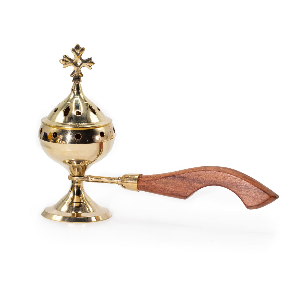 Censer Incense Burner with Wooden Handle, Cross, polished brass burner with a long wooden handle, on white
