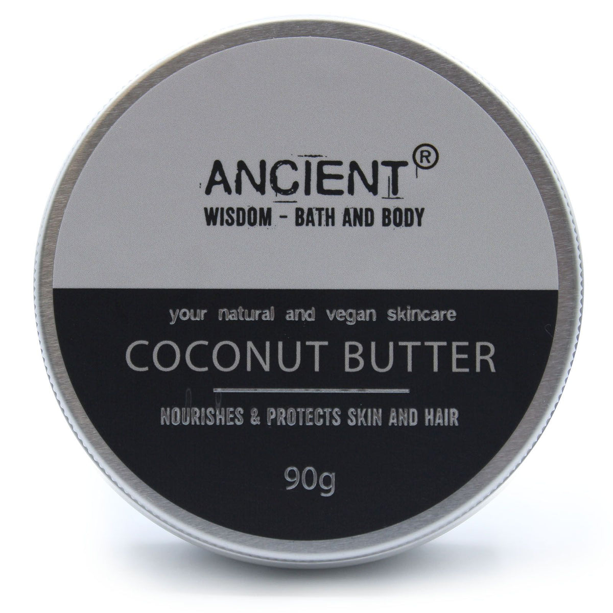 Pure Body Butter 90g, Coconut Butter in a round silver tin, shown from above with its labelled lid
