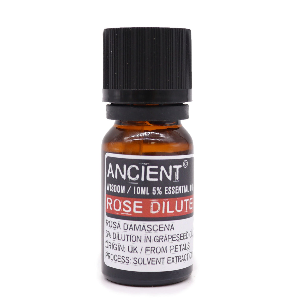 10 ml Rose Dilute Essential Oil in an amber bottle with a black cap and printed label, shown upright