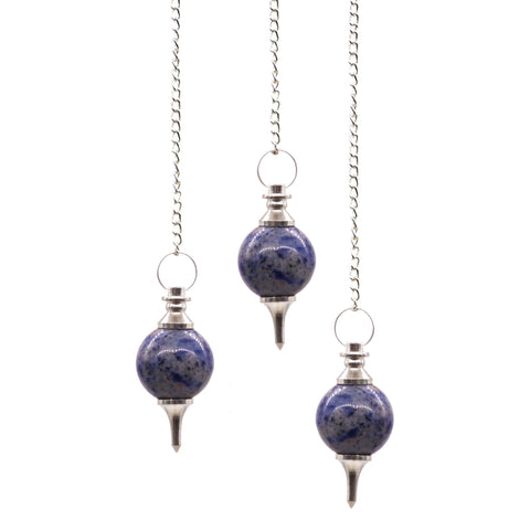 Sphere Pendulums, Sodalite, three blue stone spheres with silver chains and pointed ends on white