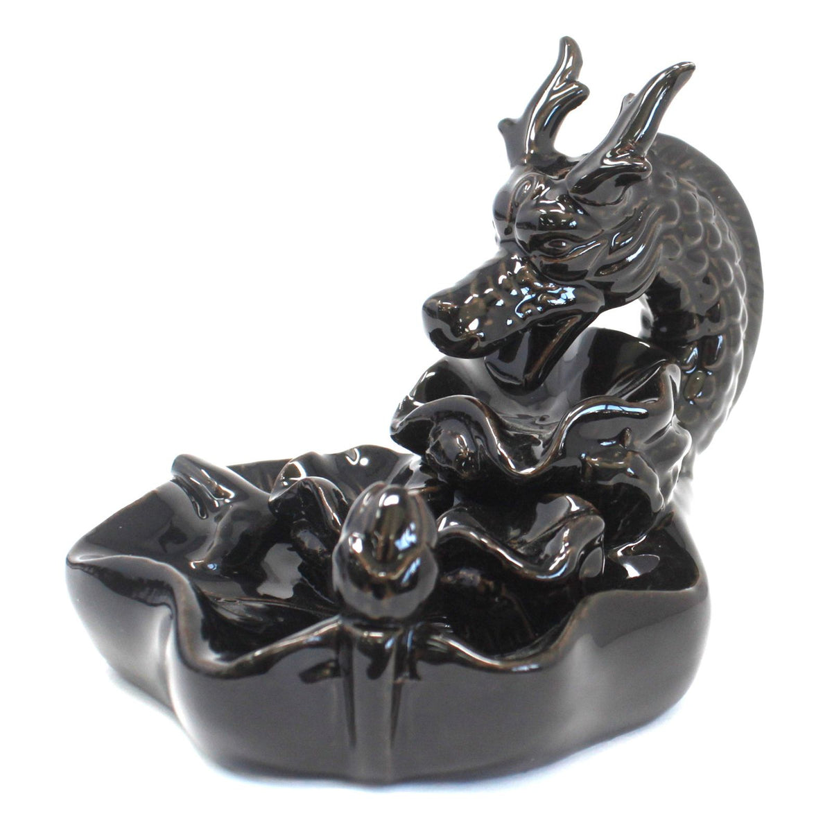 Backflow Incense Burner, XL Dragon Pool, glossy black dragon curled over a pool, front view