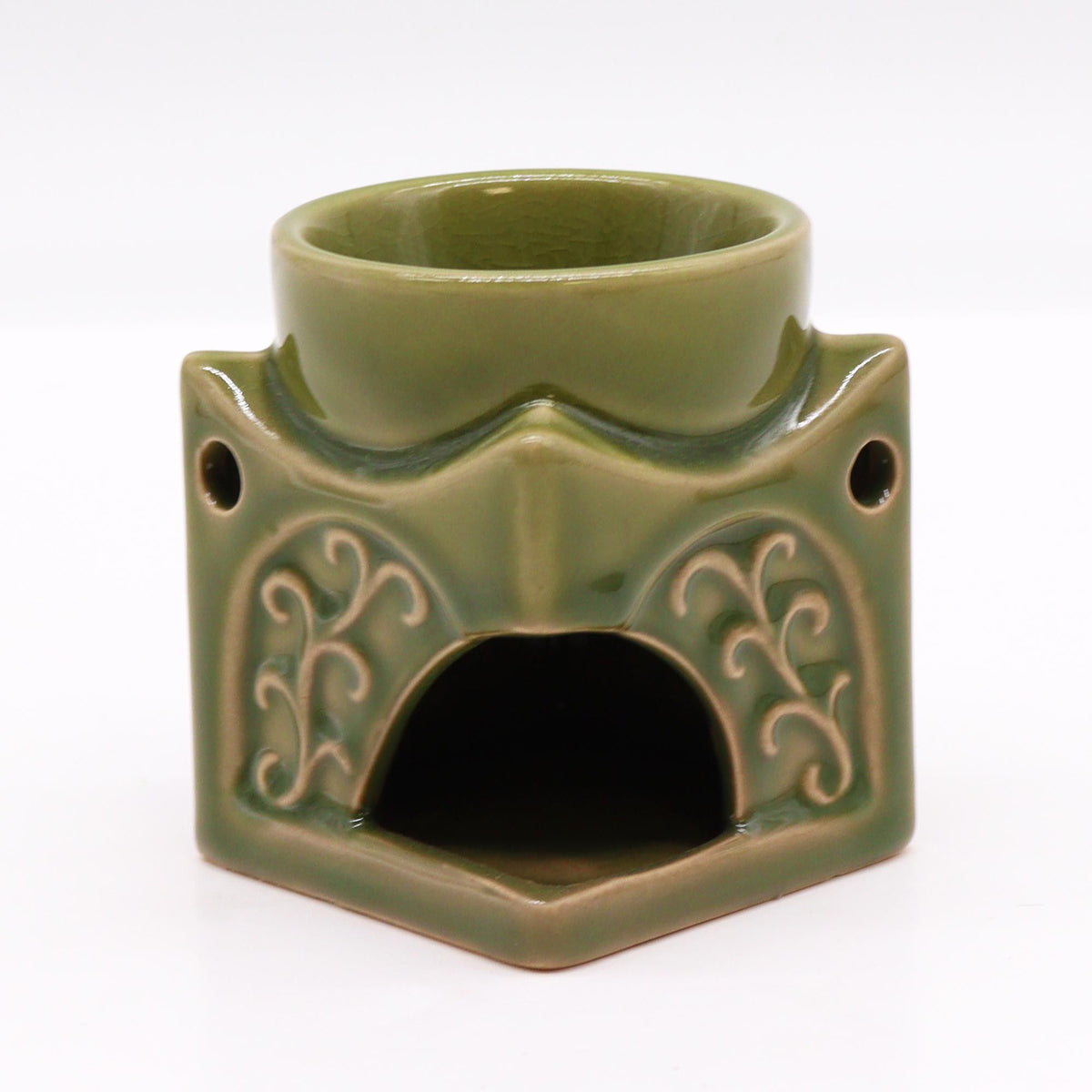 Square Buddha Burner, Light Jade, front view showing the bowl, floral details and arched opening
