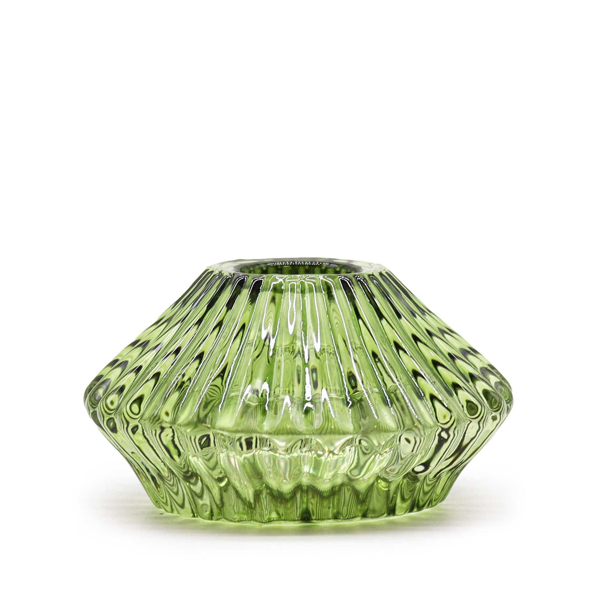 Flower Flip Dinner Candle / Tealight Holder, Garden Jade, green ribbed glass holder shown from the front