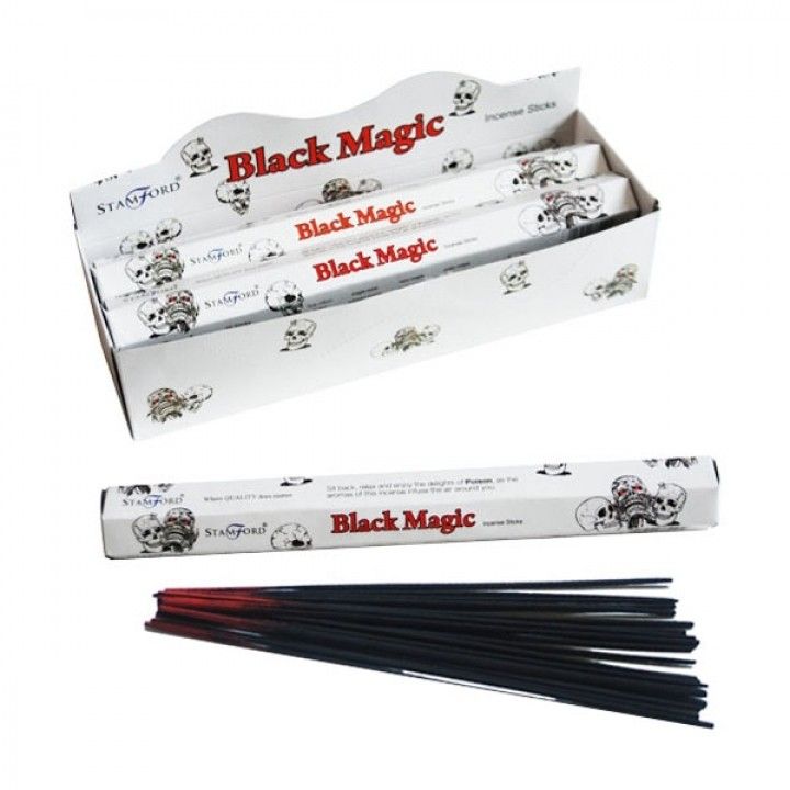 Black Magic Premium Incense sticks beside their printed white box and an open display carton