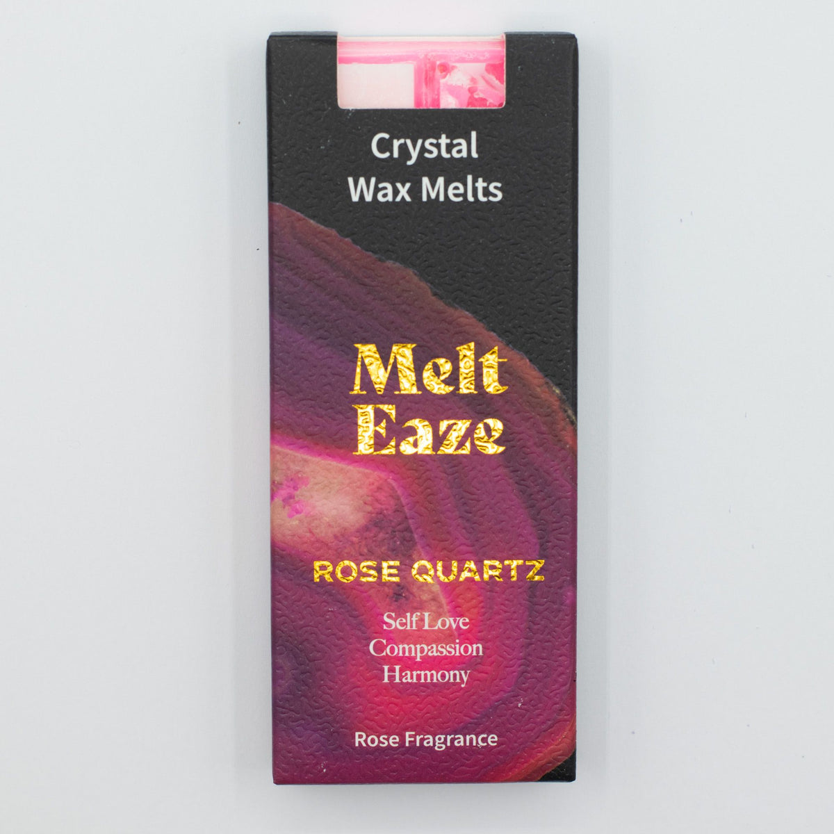 MeltEaze Wax Melts 50g, Rose Quartz Love, Rose in its upright black and pink box, front view