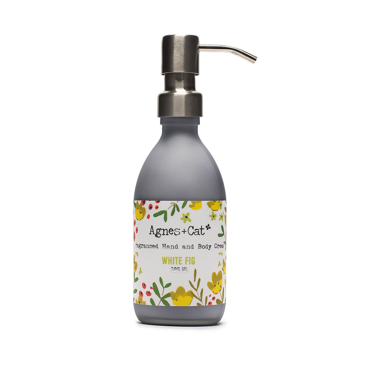 White Fig hand and body cream in a grey pump bottle, shown upright against a white background