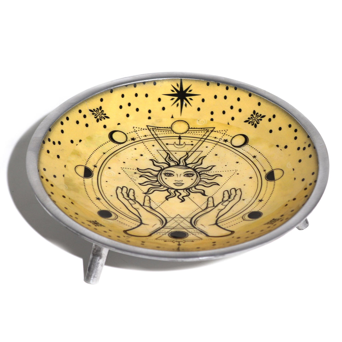 Triple Leg Enamelled Offering Plate, Hands & Sun, yellow plate tilted to show its three legs and design