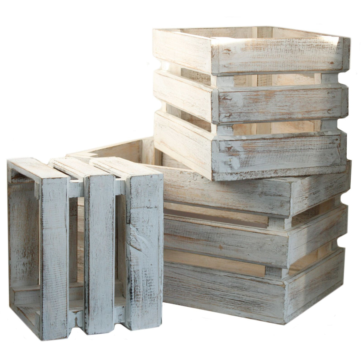 Wooden Storage Crates, Whitewash set of three shown stacked and on their sides against a white background
