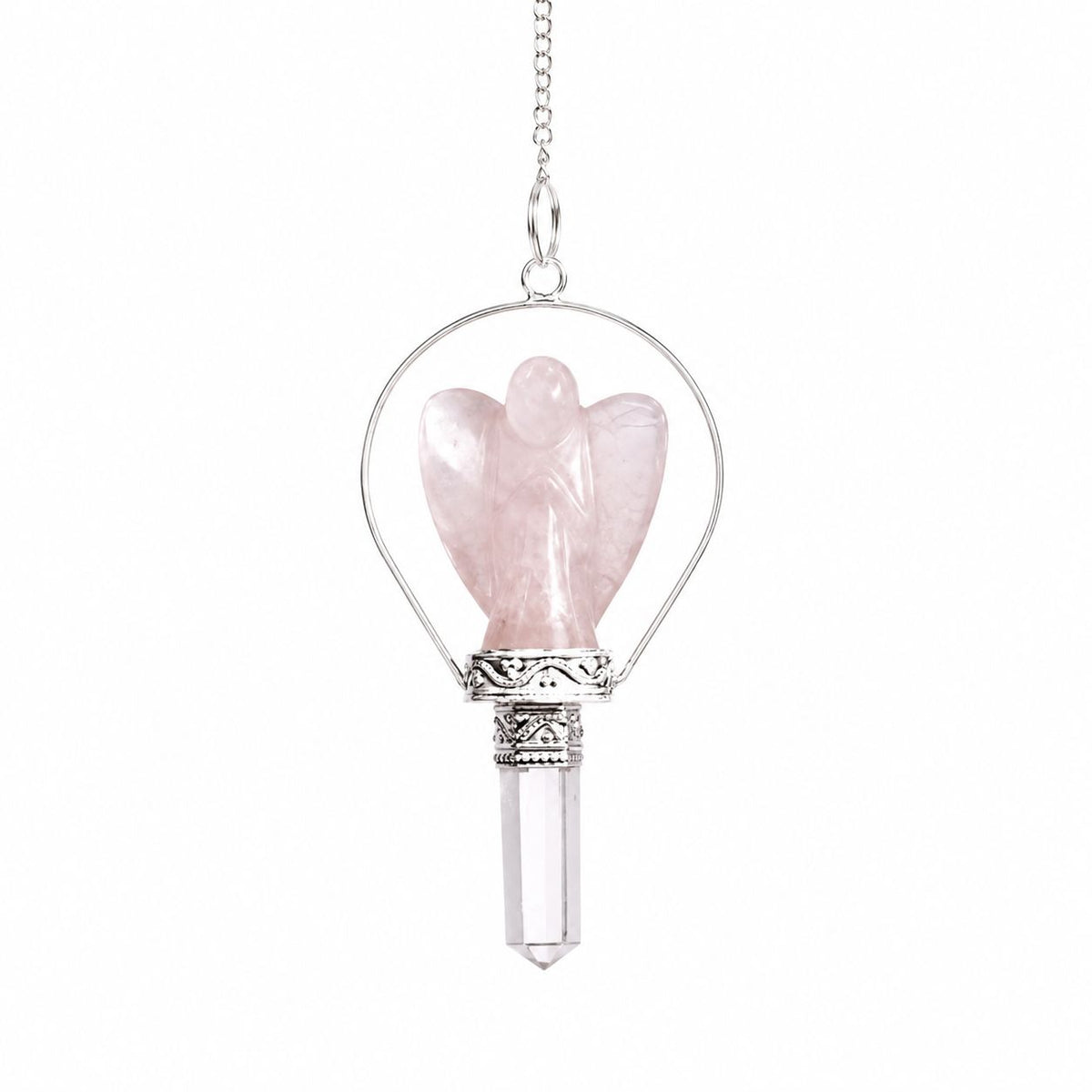 Rose quartz angel pendulum shown upright against a plain white background, with its chain and ring