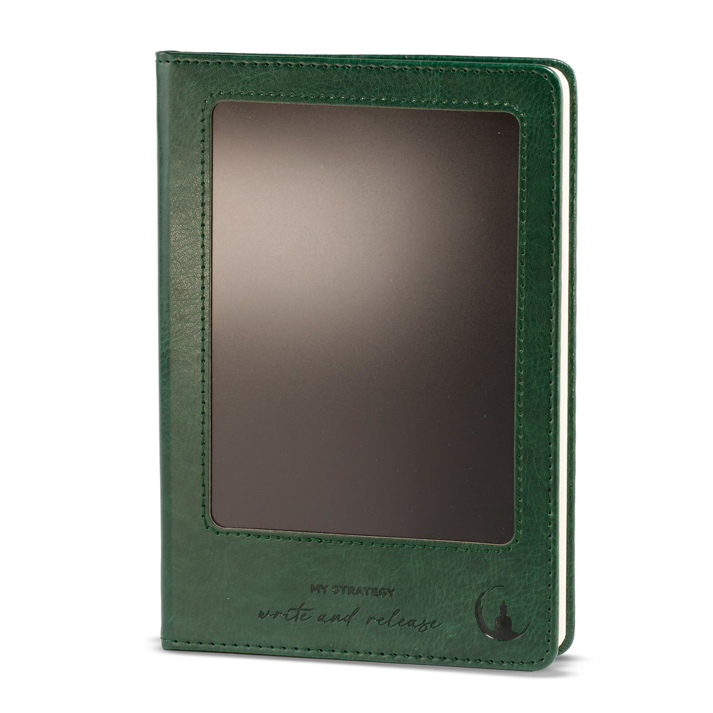 Green A5 intention notebook with LCD wipe screen on the front