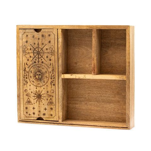 Four Section Tarot Box with Card Holder, open wooden box with engraved sliding panel and three compartments