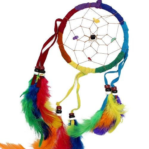 Rainbow Bali Dreamcatcher shown from the front, with a woven web, beads and colourful feathers
