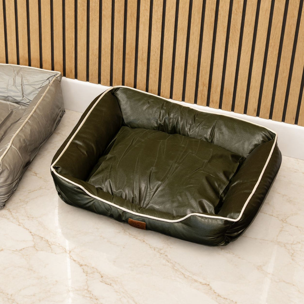 Khaki-green pet bed viewed from above