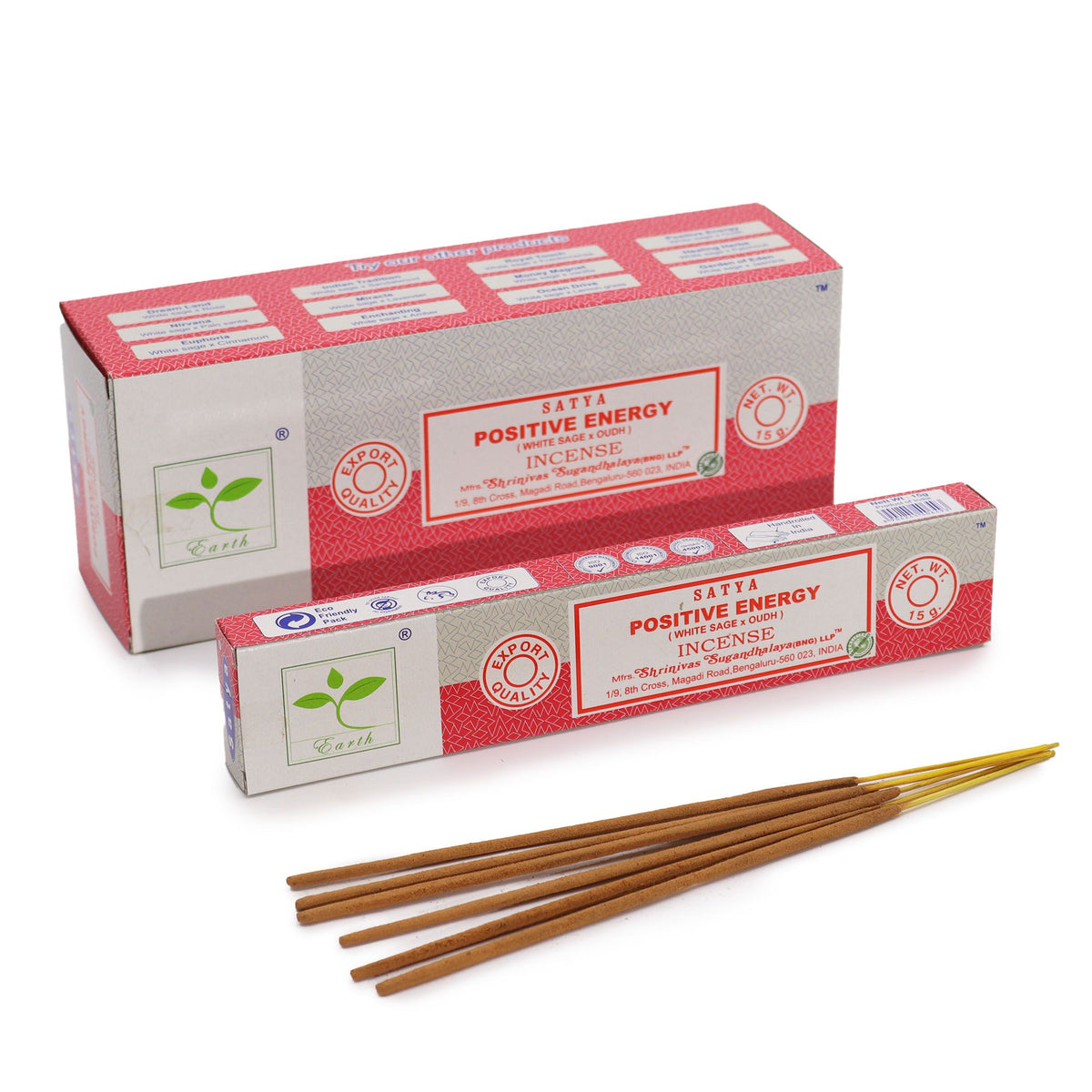 Satya Incense 15gm, Positive Energy (White Sage & Oudh) boxes with several brown incense sticks