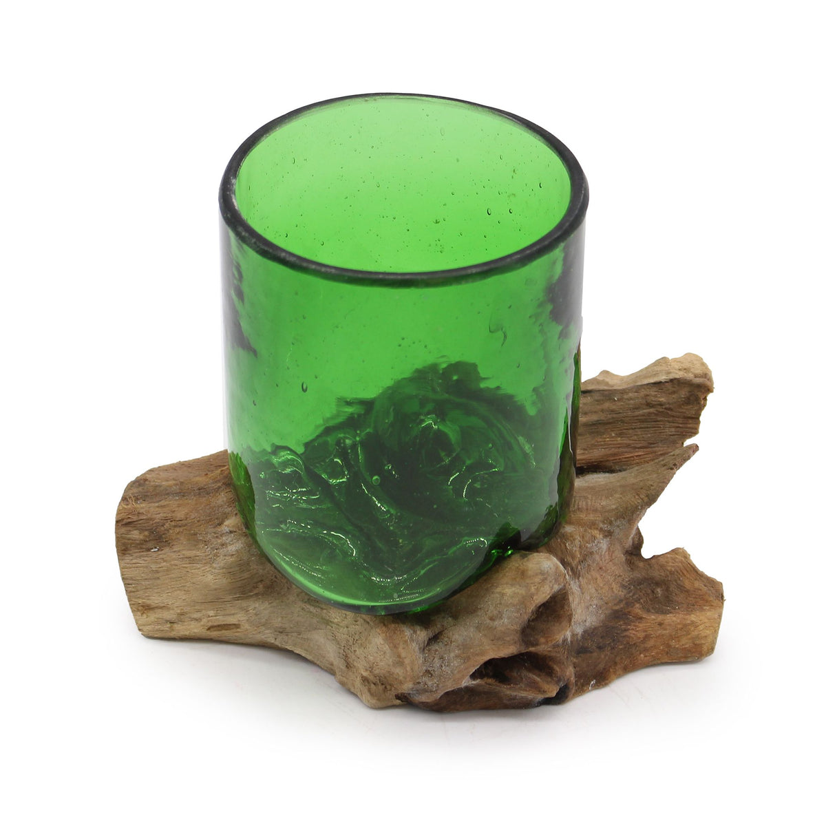 Recycled Beer Bottles, Beer Glass on Wood, green glass shown from above on a piece of wood