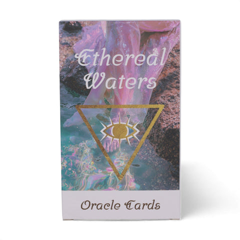 Ethereal Waters Oracle Cards, Sirens & Moonlight box upright, with colourful sea artwork and gold eye emblem