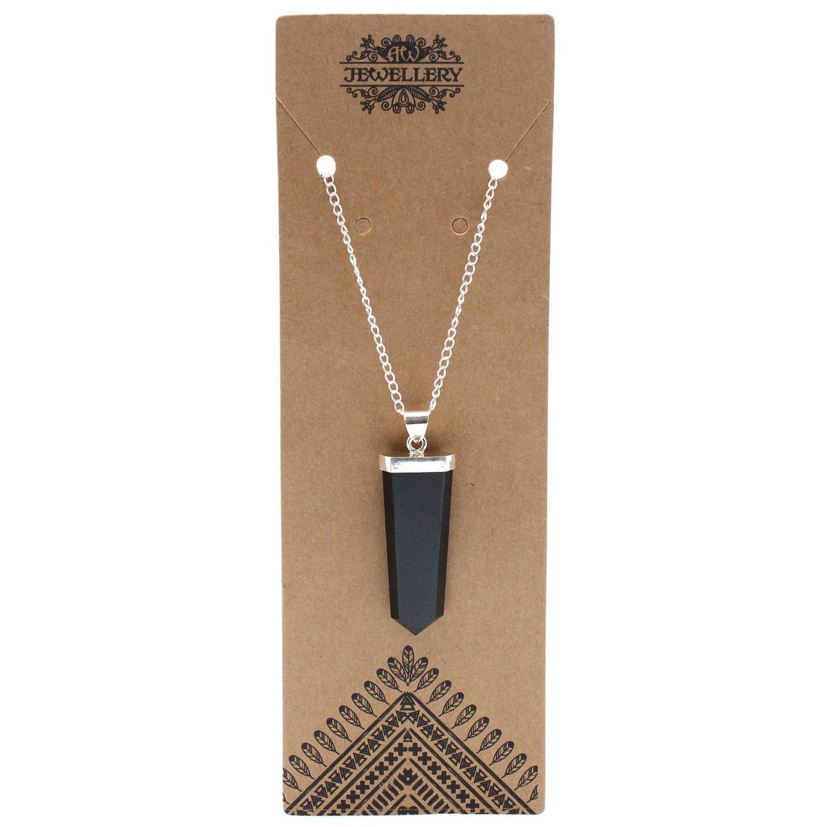 Gemstone Flat Pencil Pendant, Black Agate on a silver-coloured chain displayed on a brown jewellery card