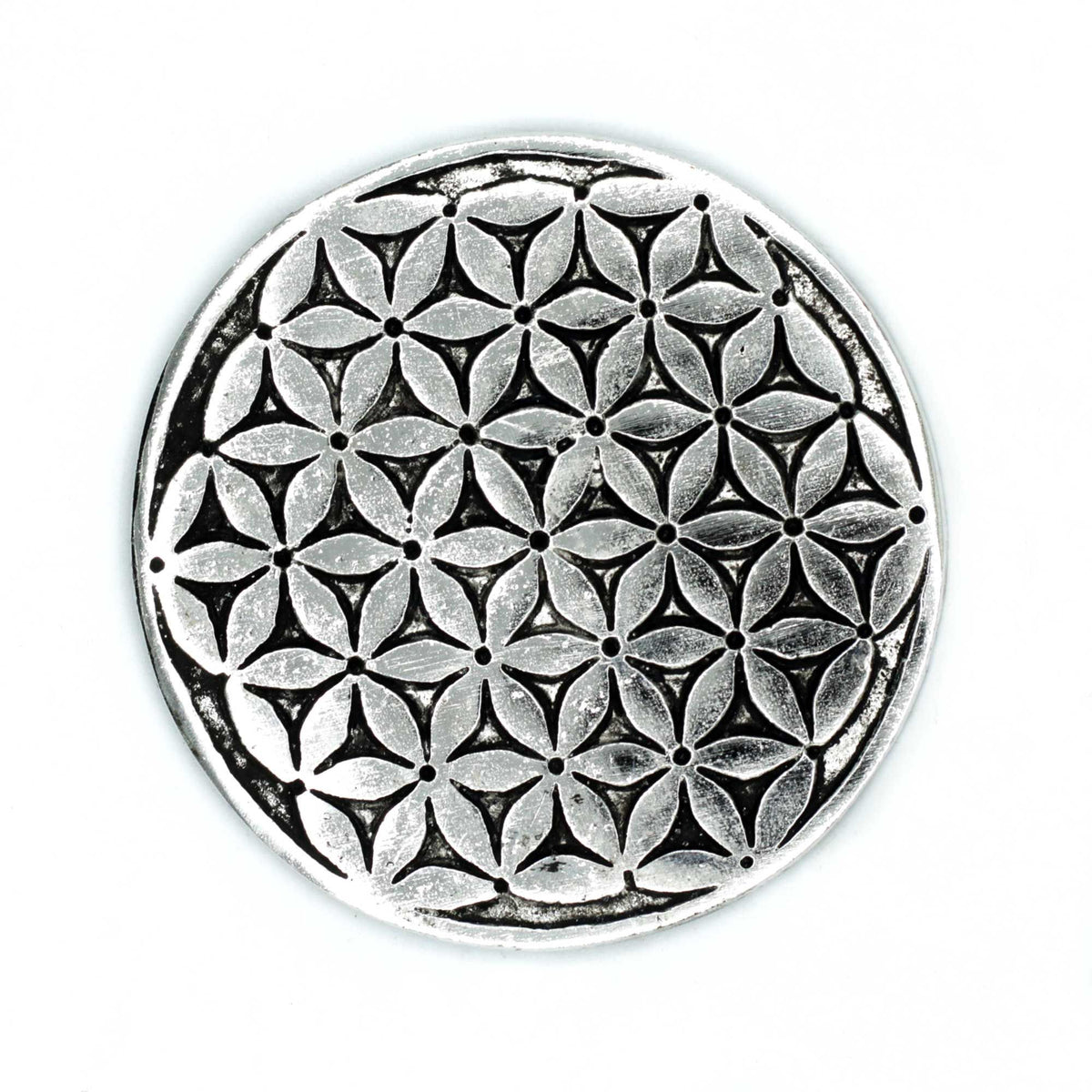 Polished Aluminium Flower of Life Incense Holder 11cm, round silver holder shown from above on white