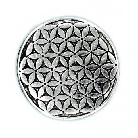Polished Aluminium Flower of Life Incense Holder 11cm, round silver holder shown from above on white