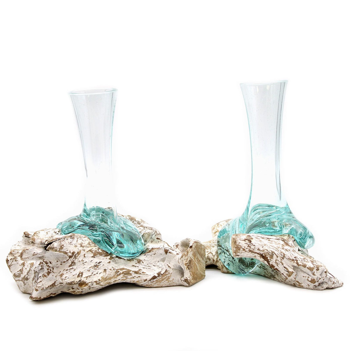 Molten Glass on Whitewash Wood, Medium Vase, two clear glass necks with turquoise bases on wood
