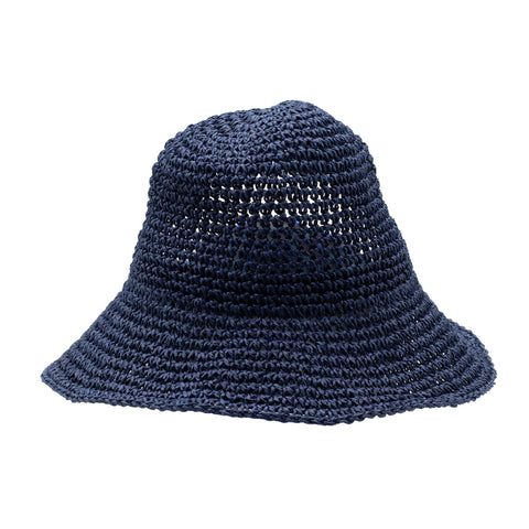 Navy blue straw bucket hat with a wide floppy brim, front view