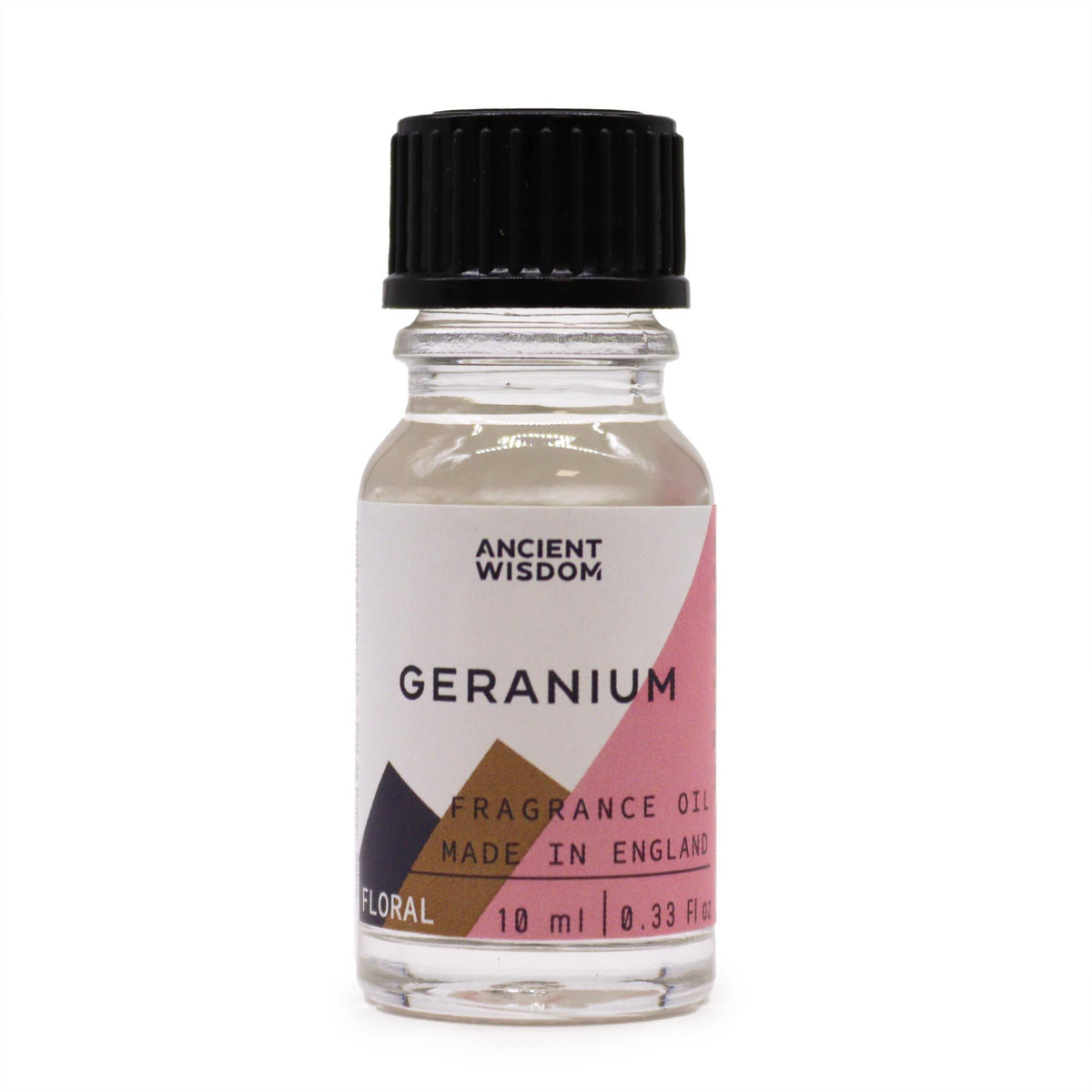 10ml Geranium Fragrance Oil in a clear bottle with a black cap and pink floral label, front view