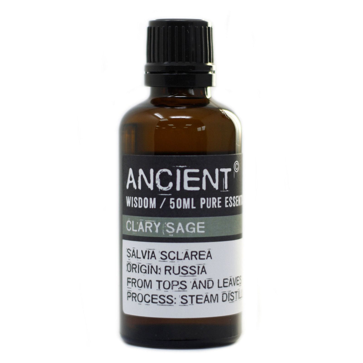 Clary Sage oil in a single amber bottle, shown upright with its sage green front label facing forwards