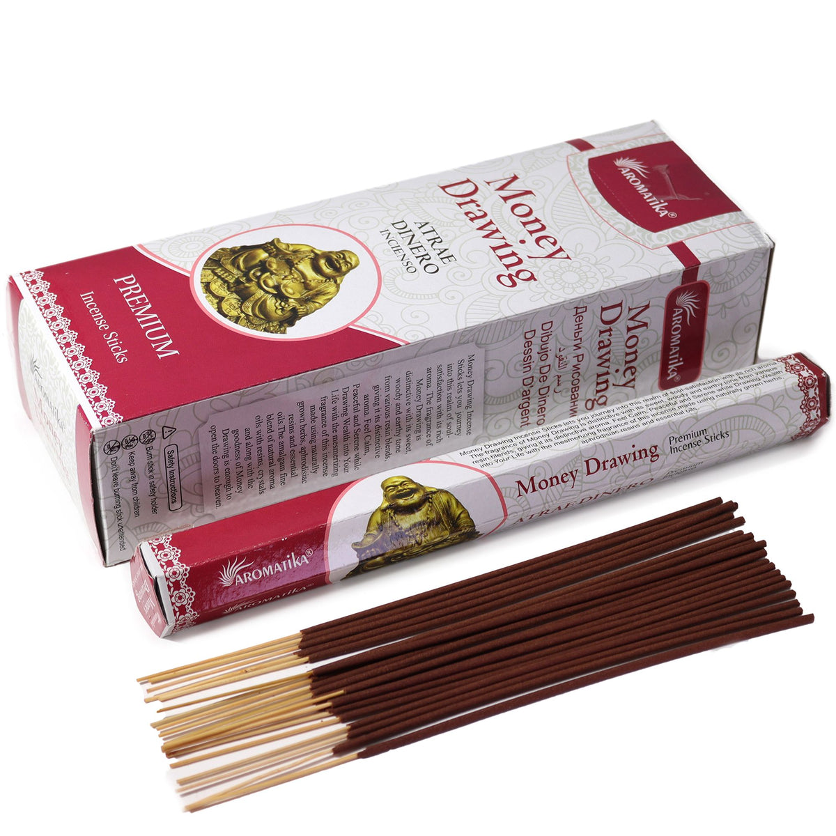 Aromatika Charcoal Free Hex Incense, Money Drawing, box and tube with loose brown incense sticks