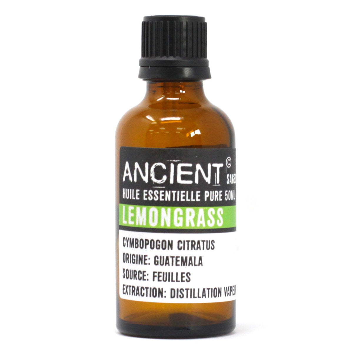 Lemongrass 50ml amber bottle with a black cap and green front label, shown upright against white