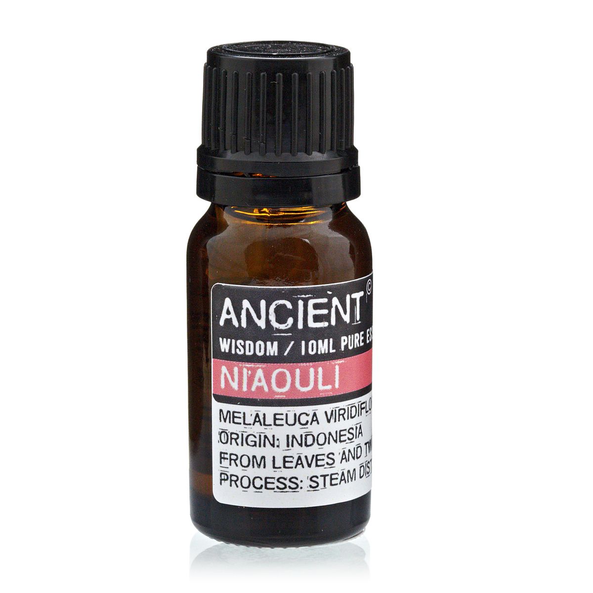 Niaouli essential oil in a single brown bottle with a black cap, shown from the front
