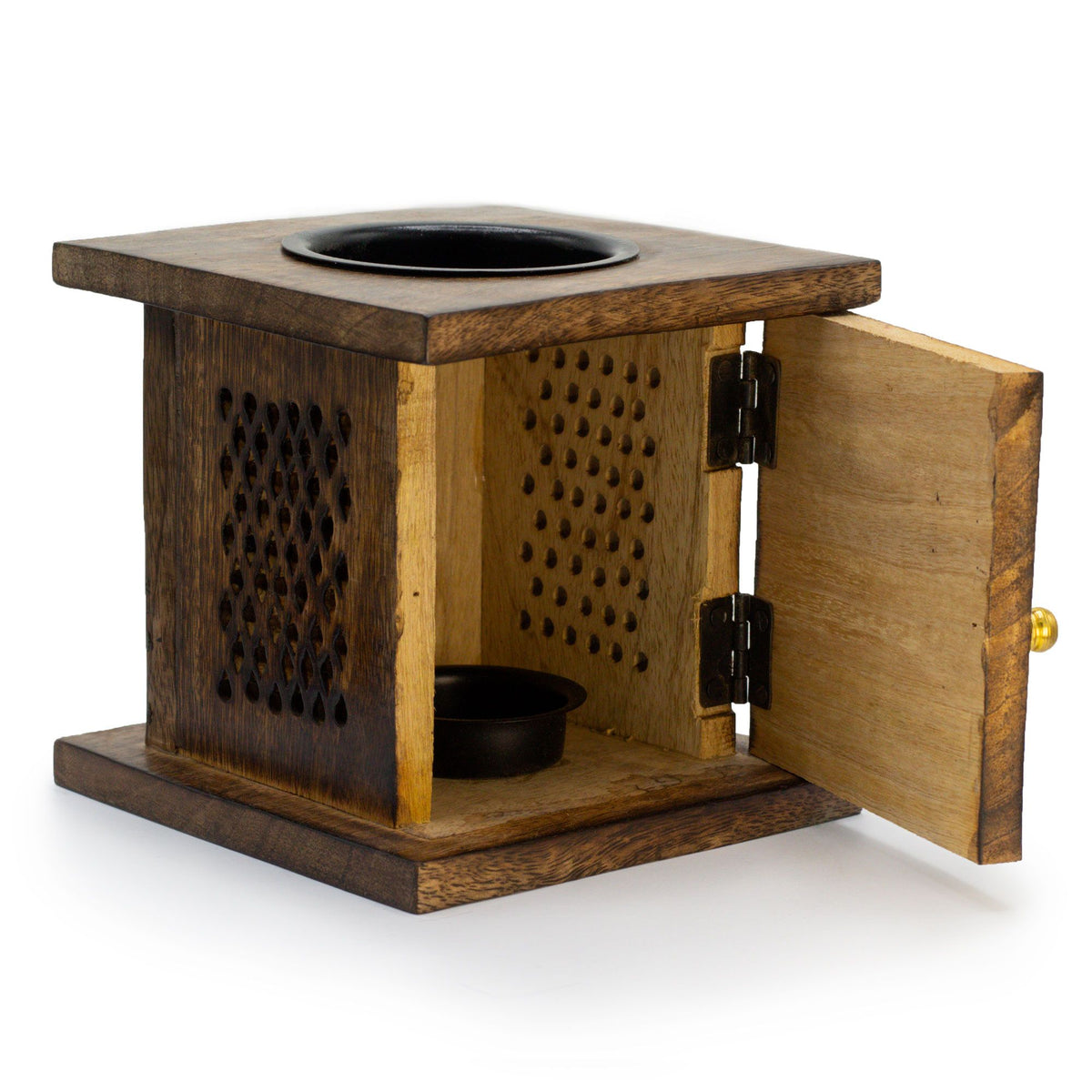 Large Mango Box Burner, Buddha, dark brown box burner with top dish and open side door