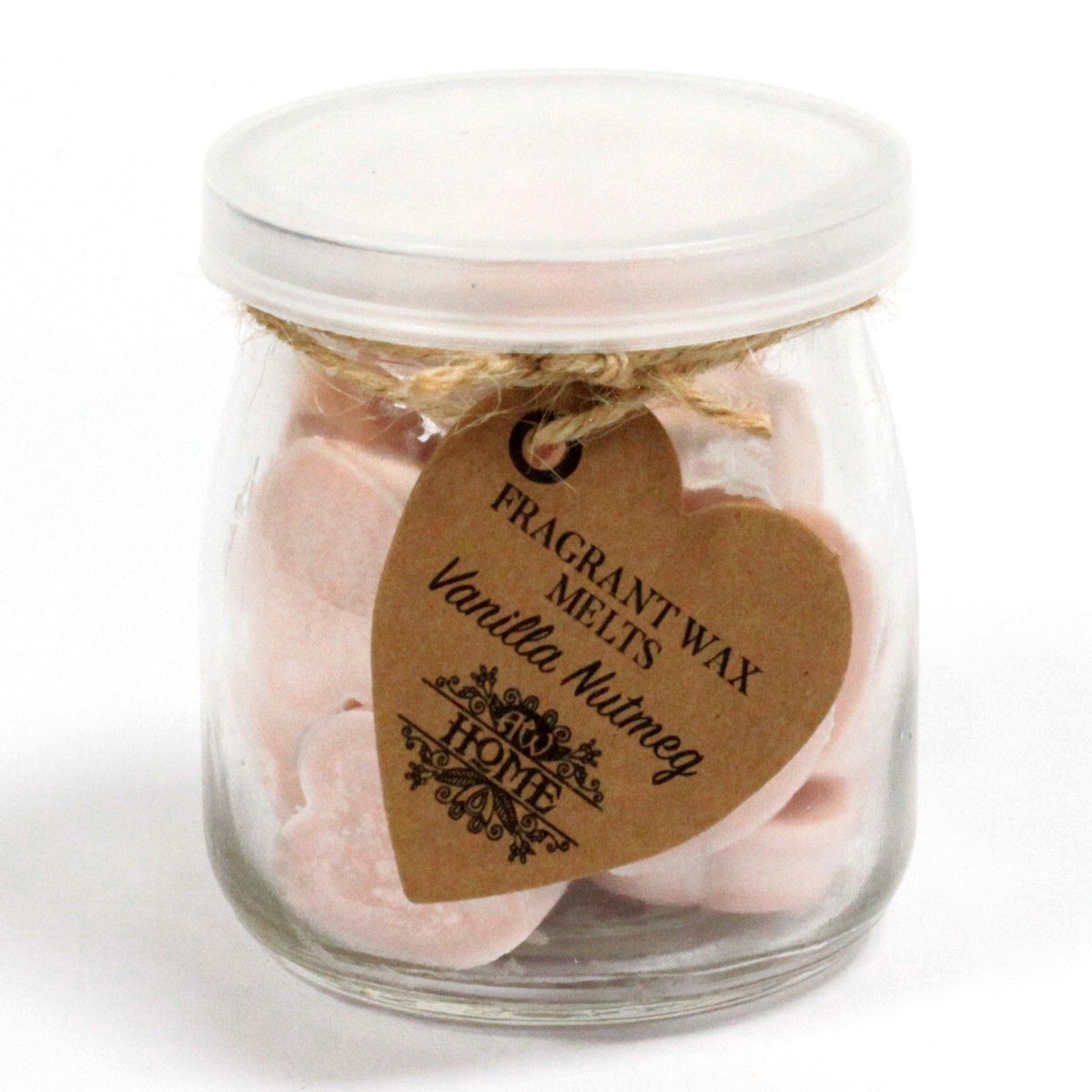 Soywax Melts Jar, Vanilla Nutmeg in a clear lidded glass jar with a heart-shaped label