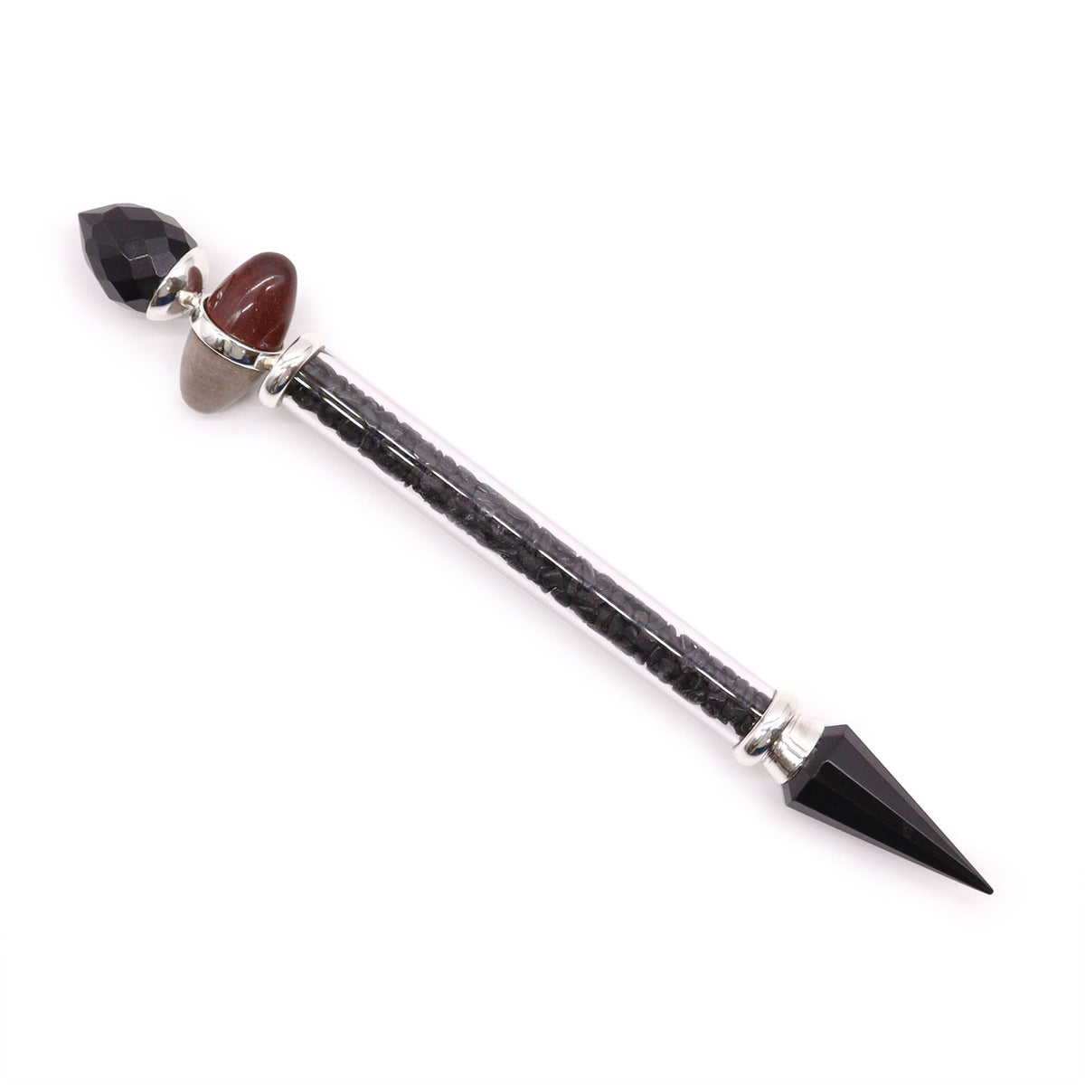 Shiva Lingam Magic Wand with black tourmaline and agate, shown diagonally