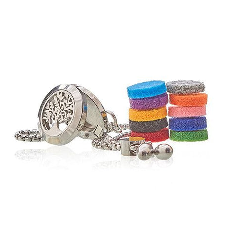 Aromatherapy Jewellery Chain Bracelet, Tree of Life, silver round locket shown open beside colourful felt pads