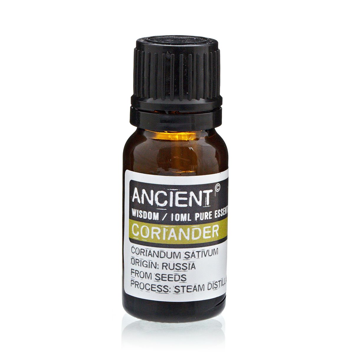 10 ml Coriander Seed Essential Oil in a small amber bottle with a black cap, shown from the front