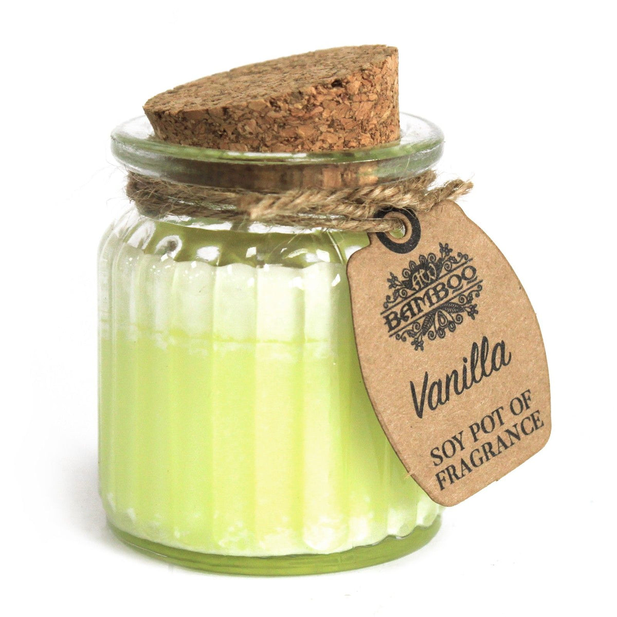 Vanilla Soy Pot of Fragrance Candles in a pale yellow glass pot with cork lid and hanging tag