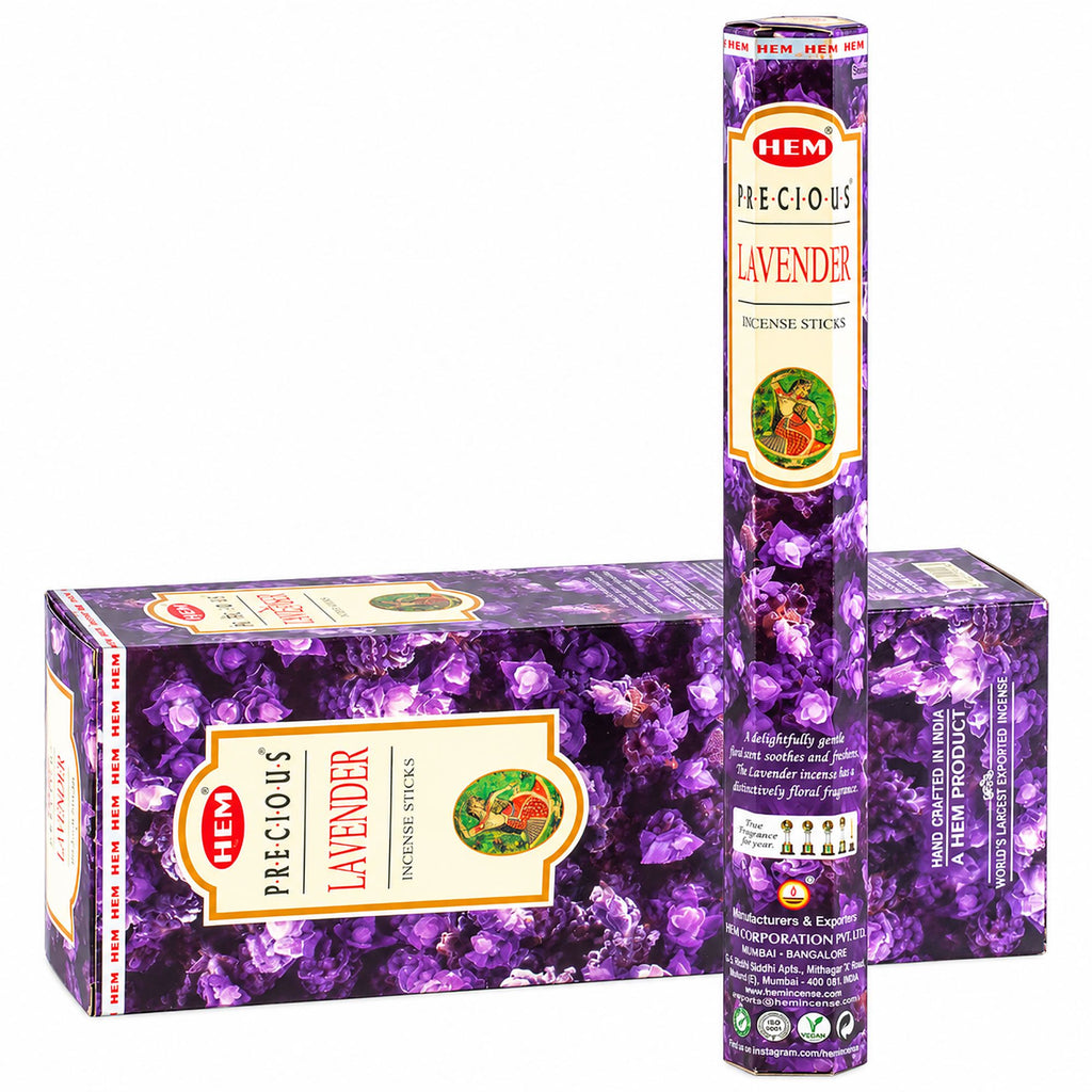 HEM Precious Lavender incense pack shown beside an individual stick