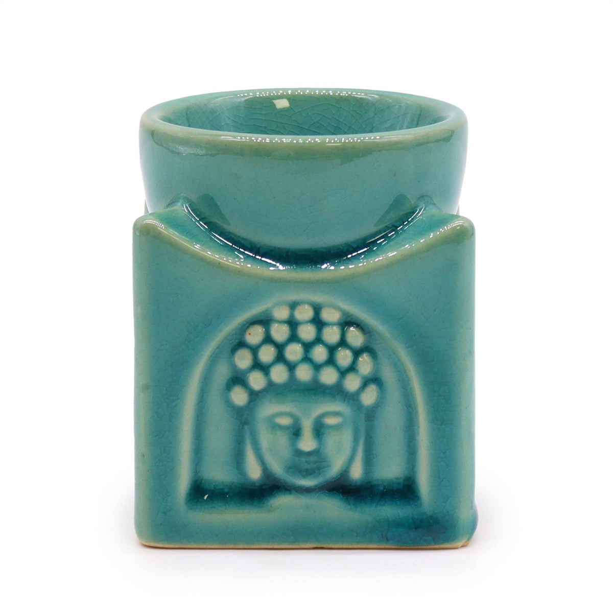 Square Buddha Burner, Soft Turquoise, front view showing the raised Buddha face and top bowl