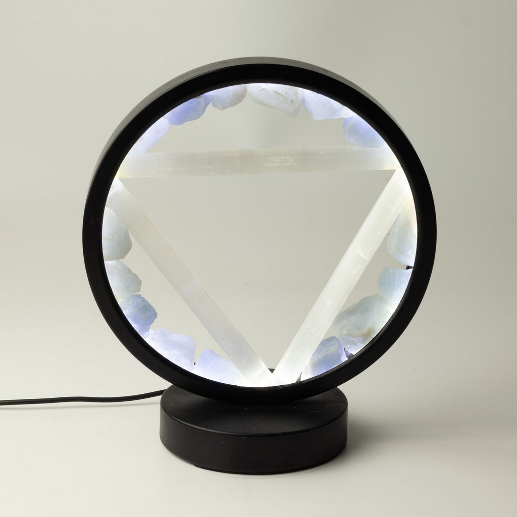 Gemstone halo lamp with aquamarine pieces around a selenite Water symbol