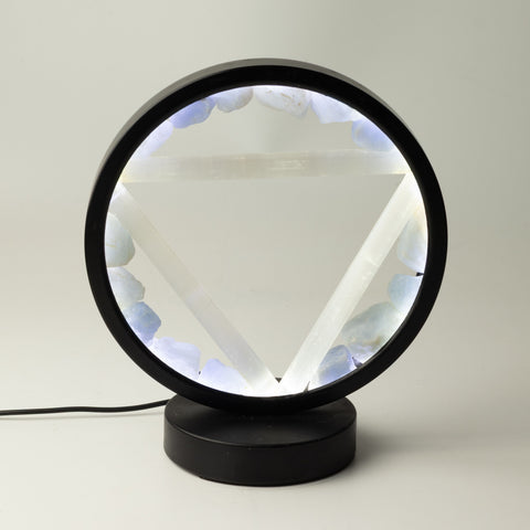 Gemstone halo lamp with aquamarine pieces around a selenite Water symbol
