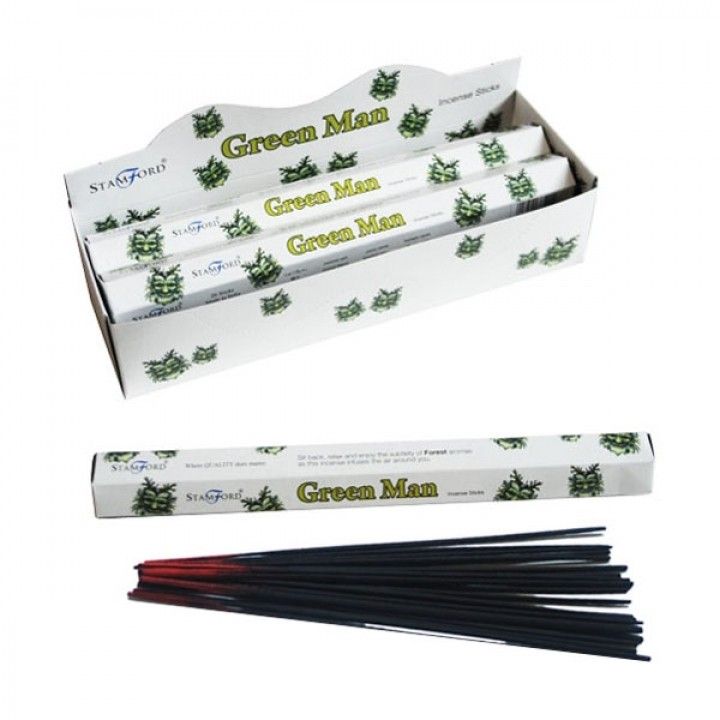 Green Man Premium Incense in a white Stamford display box, with a long incense pack and loose dark sticks