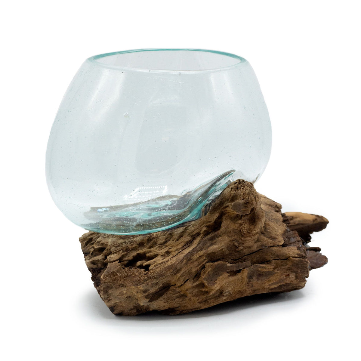 Molten Glass on Wood, Medium Bowl, clear pale blue glass bowl on a dark wood base, front view