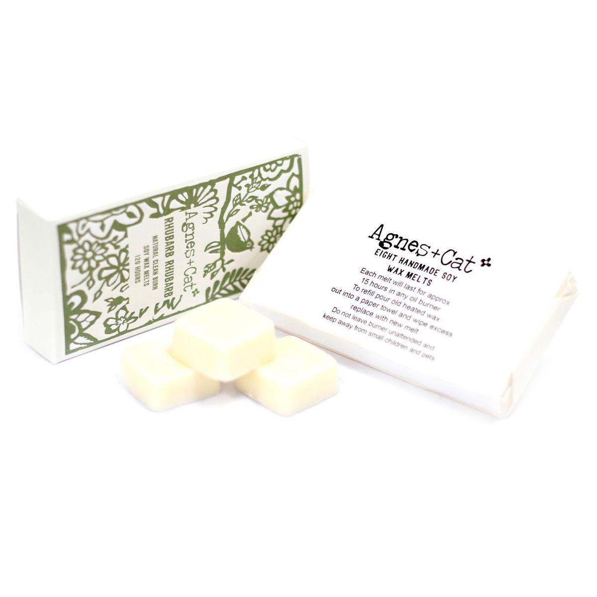 Agnes + Cat Box of 8 Wax Melts, Rhubarb Rhubarb with an open patterned box, white pack and wax pieces