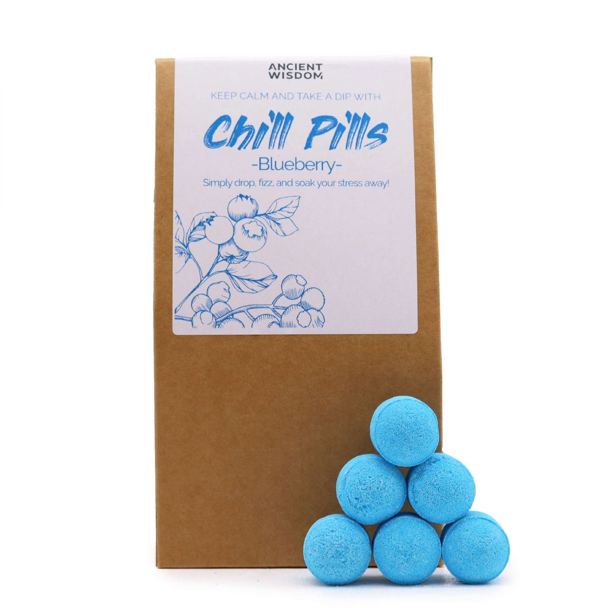 Chill Pills gift pack shown upright with its blueberry label and a stack of blue pills