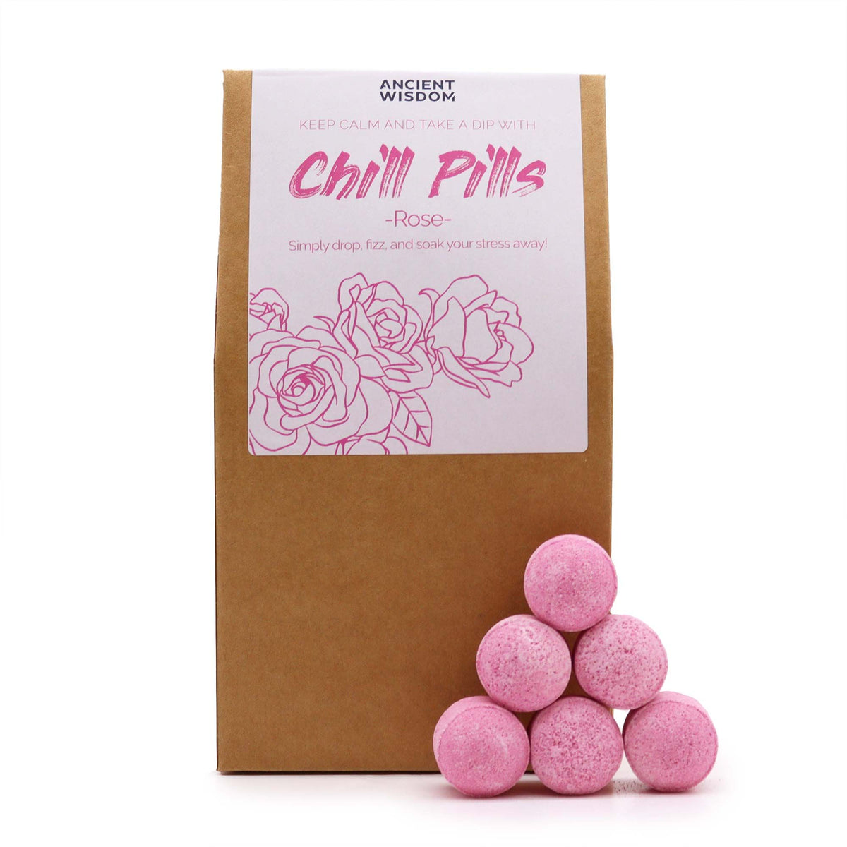 Chill Pills Gift Pack 350g, Rose in a brown box with pink bath balls displayed in front