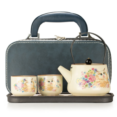 Travel Teapot Set & Two Cups, Cat Lover, cream cat and flower decorated teapot and cups in a blue case