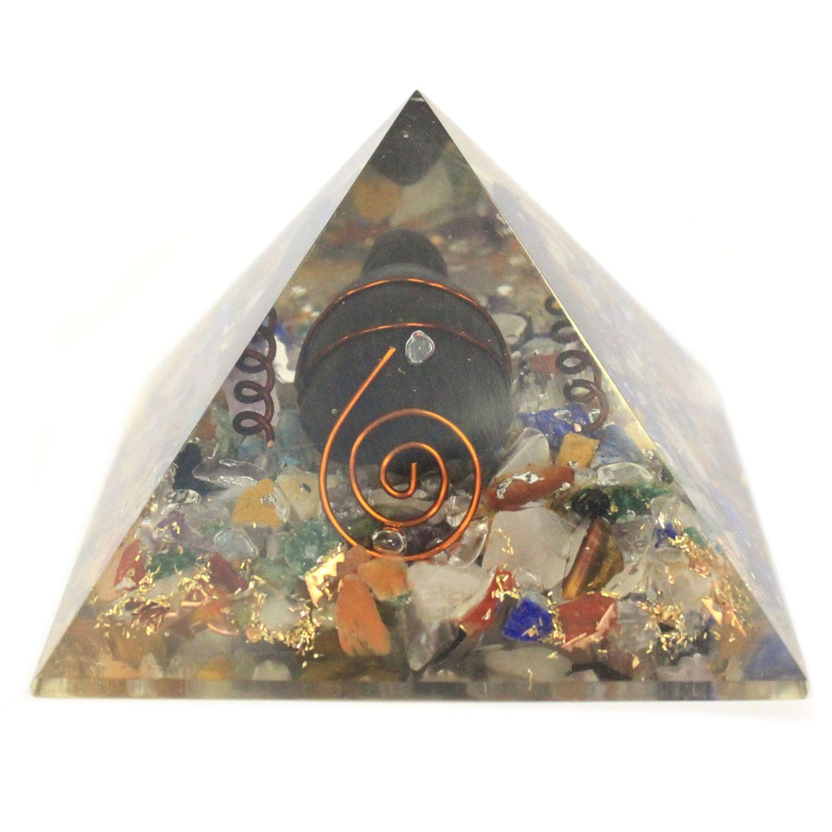 Med Orgonite Pyramid 60mm Gemchips, Copper, Turtle, clear triangular pyramid with colourful chips and copper spiral