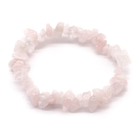 Chipstone Bracelet, Rose Quartz, a pale pink chip bead bracelet arranged in a circle on a white background