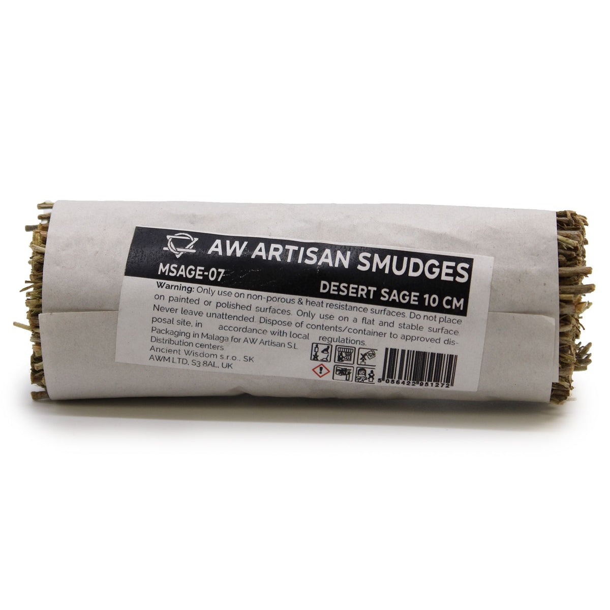 Smudge Stick, Desert Sage 10 cm wrapped in a white paper label, shown from the front
